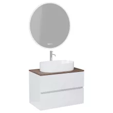 HD Zyra Lacquer White 80 komplett fürdőszoba bútor fali mosdószekrénnyel, tölgyfa színű mosdópulttal és tükörrel