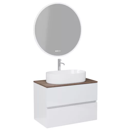 HD Zyra Lacquer White 80 komplett fürdőszoba bútor fali mosdószekrénnyel, tölgyfa színű mosdópulttal és tükörrel