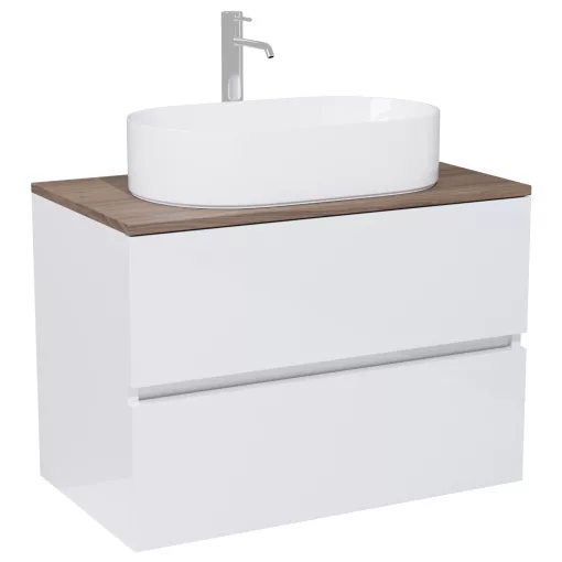 HD Zyra Lacquer White 80 komplett fürdőszoba bútor fali mosdószekrénnyel, tölgyfa színű mosdópulttal és tükörrel