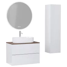 HD Zyra Pro Lacquer White 80 komplett fürdőszoba bútor szett fali push-to-open mosdószekrénnyel, tölgyfa színű mosdópulttal, tükörrel és magasszekrénnyel