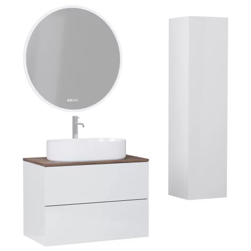 HD Zyra Pro Lacquer White 80 komplett fürdőszoba bútor szett fali push-to-open mosdószekrénnyel, tölgyfa színű mosdópulttal, tükörrel és magasszekrénnyel