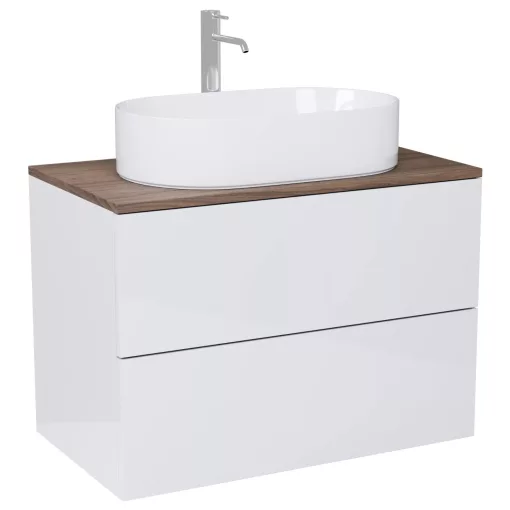 HD Zyra Pro Lacquer White 80 komplett fürdőszoba bútor szett fali push-to-open mosdószekrénnyel, tölgyfa színű mosdópulttal, tükörrel és magasszekrénnyel