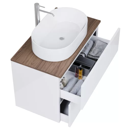 HD Zyra Pro Lacquer White 80 komplett fürdőszoba bútor szett fali push-to-open mosdószekrénnyel, tölgyfa színű mosdópulttal, tükörrel és magasszekrénnyel