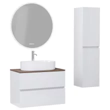 HD Zyra Lacquer White 80 komplett fürdőszoba bútor szett fali mosdószekrénnyel, tölgyfa színű mosdópulttal, tükörrel és magasszekrénnyel