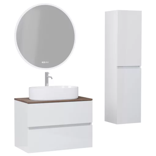 HD Zyra Lacquer White 80 komplett fürdőszoba bútor szett fali mosdószekrénnyel, tölgyfa színű mosdópulttal, tükörrel és magasszekrénnyel