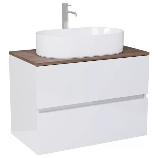 HD Zyra Lacquer White 80 komplett fürdőszoba bútor szett fali mosdószekrénnyel, tölgyfa színű mosdópulttal, tükörrel és magasszekrénnyel