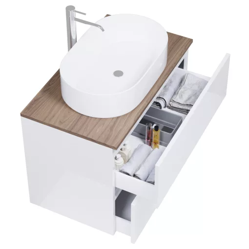 HD Zyra Lacquer White 80 komplett fürdőszoba bútor szett fali mosdószekrénnyel, tölgyfa színű mosdópulttal, tükörrel és magasszekrénnyel