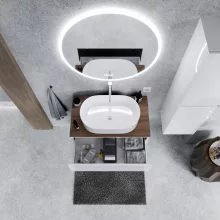 HD Zyra Lacquer White 80 komplett fürdőszoba bútor szett fali mosdószekrénnyel, tölgyfa színű mosdópulttal, tükörrel és magasszekrénnyel