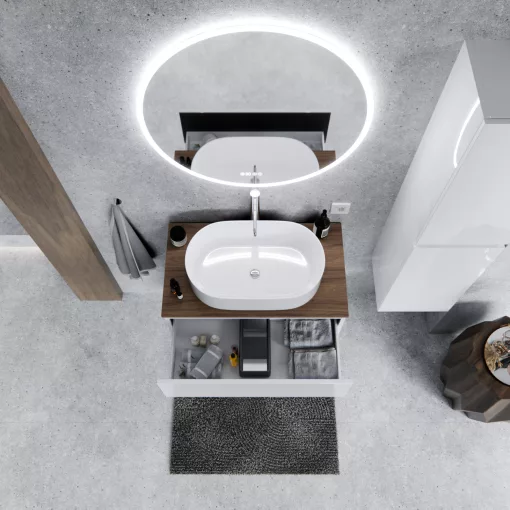 HD Zyra Lacquer White 80 komplett fürdőszoba bútor szett fali mosdószekrénnyel, tölgyfa színű mosdópulttal, tükörrel és magasszekrénnyel