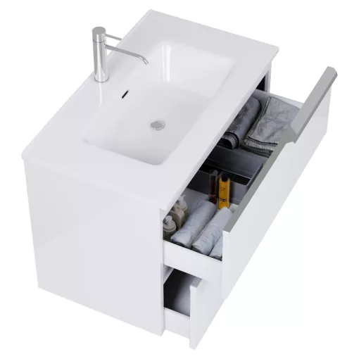 HD Cremona Lacquer White 80 fali mosdószekrény fényes króm fogantyúkkal és fényes fehér slim mosdóval