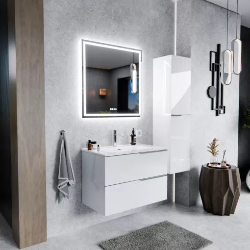 HD Cremona Lacquer White 80 fali mosdószekrény fényes króm fogantyúkkal és fényes fehér slim mosdóval