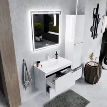 HD Cremona Lacquer White 80 fali mosdószekrény fényes króm fogantyúkkal és fényes fehér slim mosdóval