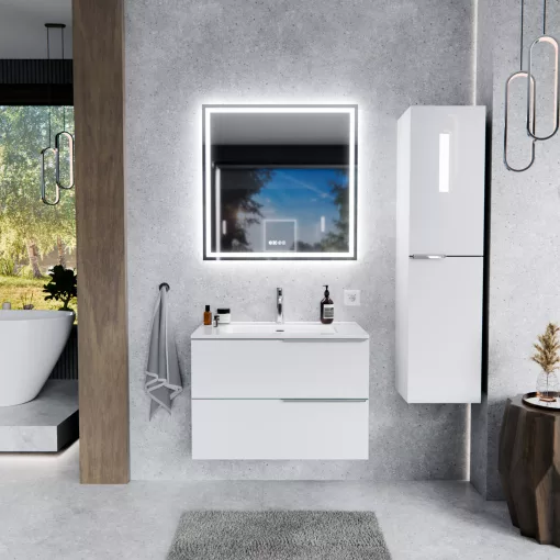 HD Cremona Lacquer White 80 fali mosdószekrény fényes króm fogantyúkkal és fényes fehér slim mosdóval