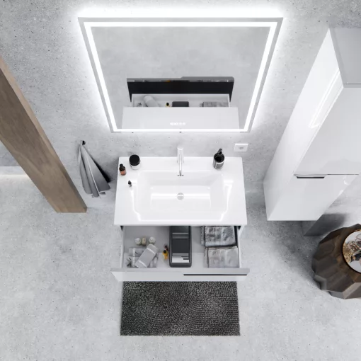 HD Cremona Lacquer White 80 fali mosdószekrény fényes króm fogantyúkkal és fényes fehér slim mosdóval