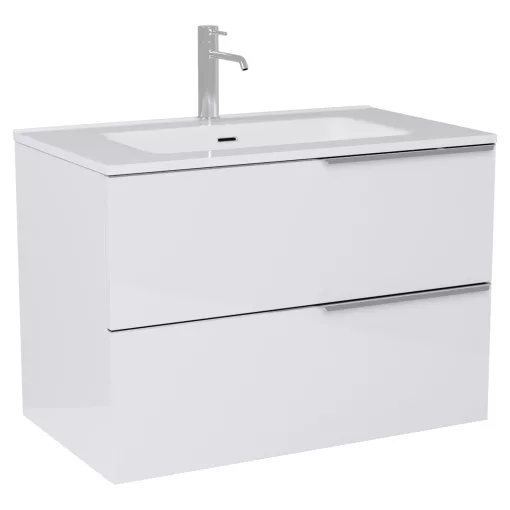 HD Cremona Lacquer White 80 komplett fürdőszoba bútor szett fali mosdószekrénnyel, fényes króm fogantyúkkal, fényes fehér slim mosdóval, tükörrel és magasszekrénnyel