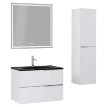 HD Cremona Lacquer White 80 komplett fürdőszoba bútor szett fali mosdószekrénnyel, fényes króm fogantyúkkal, matt fekete slim mosdóval, tükörrel és magasszekrénnyel