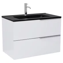 HD Cremona Lacquer White 80 komplett fürdőszoba bútor szett fali mosdószekrénnyel, fényes króm fogantyúkkal, matt fekete slim mosdóval, tükörrel és magasszekrénnyel