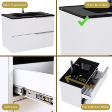 HD Cremona Lacquer White 80 komplett fürdőszoba bútor szett fali mosdószekrénnyel, fényes króm fogantyúkkal, matt fekete slim mosdóval, tükörrel és magasszekrénnyel