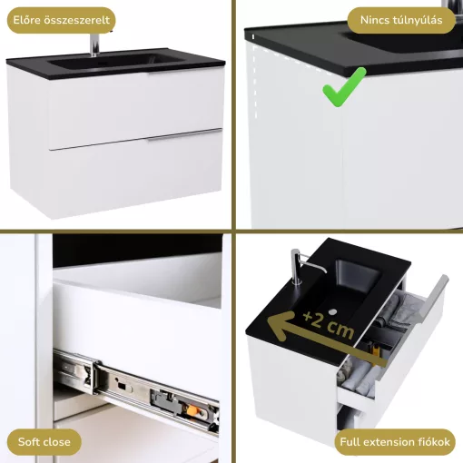 HD Cremona Lacquer White 80 komplett fürdőszoba bútor szett fali mosdószekrénnyel, fényes króm fogantyúkkal, matt fekete slim mosdóval, tükörrel és magasszekrénnyel