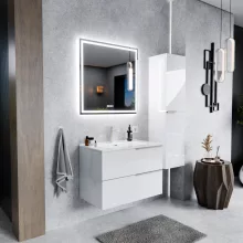 HD Cremona Lacquer White 80 fali mosdószekrény szálcsiszolt króm fogantyúkkal és fényes fehér slim mosdóval