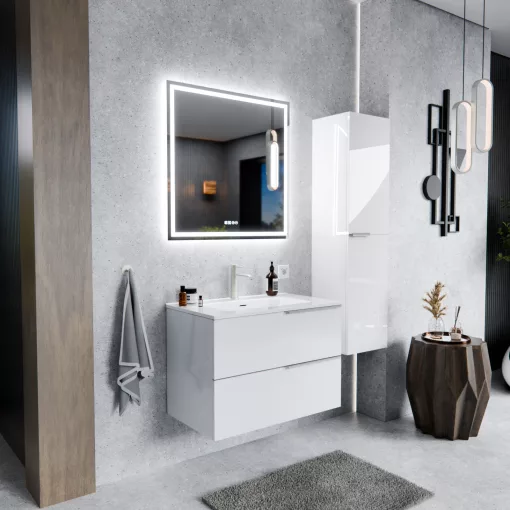 HD Cremona Lacquer White 80 fali mosdószekrény szálcsiszolt króm fogantyúkkal és fényes fehér slim mosdóval