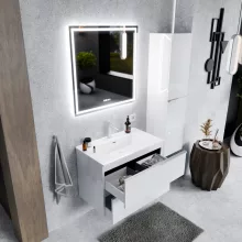 HD Cremona Lacquer White 80 fali mosdószekrény szálcsiszolt króm fogantyúkkal és fényes fehér slim mosdóval