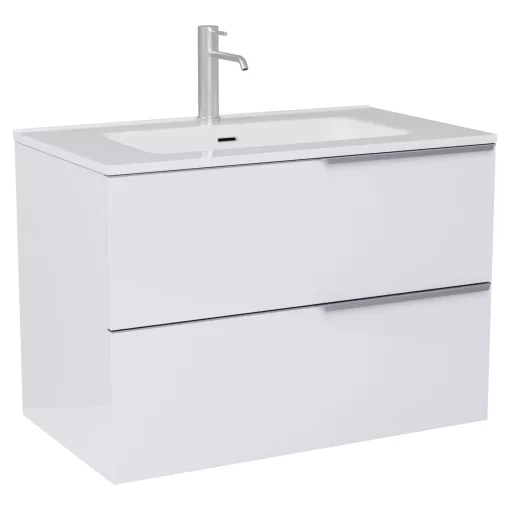 HD Cremona Lacquer White 80 komplett fürdőszoba bútor szett fali mosdószekrénnyel, szálcsiszolt króm fogantyúkkal, fényes fehér slim mosdóval, tükörrel és magasszekrénnyel