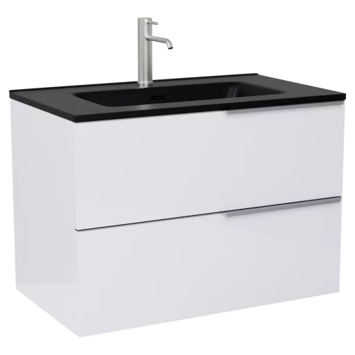 HD Cremona Lacquer White 80 komplett fürdőszoba bútor szett fali mosdószekrénnyel, szálcsiszolt króm fogantyúkkal, matt fekete slim mosdóval, tükörrel és magasszekrénnyel