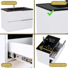 HD Cremona Lacquer White 80 komplett fürdőszoba bútor szett fali mosdószekrénnyel, szálcsiszolt króm fogantyúkkal, matt fekete slim mosdóval, tükörrel és magasszekrénnyel