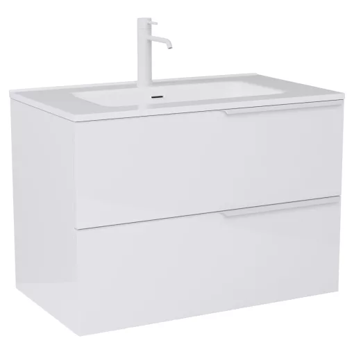 HD Cremona Lacquer White 80 fali mosdószekrény matt fehér fogantyúkkal és fényes fehér slim mosdóval