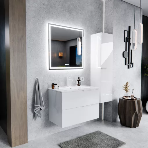 HD Cremona Lacquer White 80 fali mosdószekrény matt fehér fogantyúkkal és fényes fehér slim mosdóval