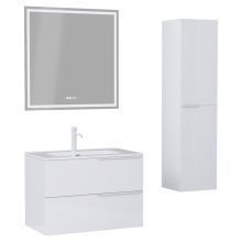 HD Cremona Lacquer White 80 komplett fürdőszoba bútor szett fali mosdószekrénnyel, matt fehér fogantyúkkal, fényes fehér slim mosdóval, tükörrel és magasszekrénnyel