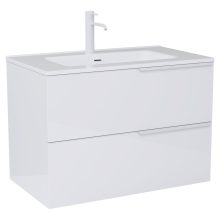 HD Cremona Lacquer White 80 komplett fürdőszoba bútor szett fali mosdószekrénnyel, matt fehér fogantyúkkal, fényes fehér slim mosdóval, tükörrel és magasszekrénnyel