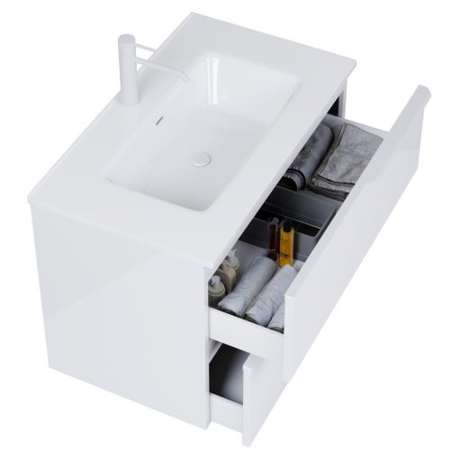 HD Cremona Lacquer White 80 komplett fürdőszoba bútor szett fali mosdószekrénnyel, matt fehér fogantyúkkal, fényes fehér slim mosdóval, tükörrel és magasszekrénnyel