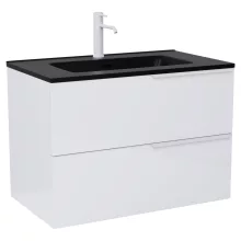 HD Cremona Lacquer White 80 komplett fürdőszoba bútor szett fali mosdószekrénnyel, matt fehér fogantyúkkal, matt fekete slim mosdóval, tükörrel és magasszekrénnyel