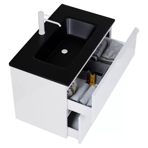 HD Cremona Lacquer White 80 komplett fürdőszoba bútor szett fali mosdószekrénnyel, matt fehér fogantyúkkal, matt fekete slim mosdóval, tükörrel és magasszekrénnyel