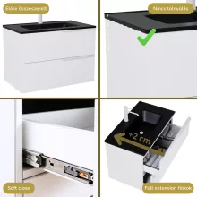 HD Cremona Lacquer White 80 komplett fürdőszoba bútor szett fali mosdószekrénnyel, matt fehér fogantyúkkal, matt fekete slim mosdóval, tükörrel és magasszekrénnyel