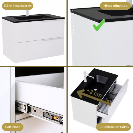 HD Cremona Lacquer White 80 komplett fürdőszoba bútor szett fali mosdószekrénnyel, matt fehér fogantyúkkal, matt fekete slim mosdóval, tükörrel és magasszekrénnyel