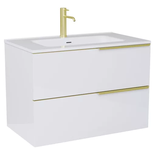 HD Cremona Lacquer White 80 fali mosdószekrény szálcsiszolt arany fogantyúkkal és fényes fehér slim mosdóval