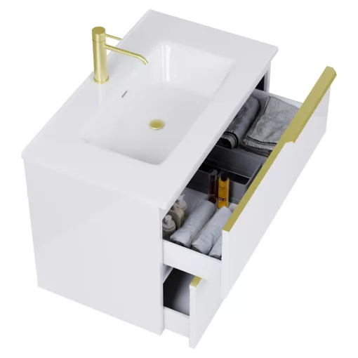 HD Cremona Lacquer White 80 fali mosdószekrény szálcsiszolt arany fogantyúkkal és fényes fehér slim mosdóval