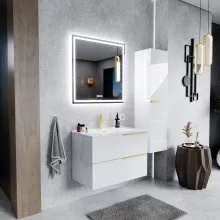 HD Cremona Lacquer White 80 fali mosdószekrény szálcsiszolt arany fogantyúkkal és fényes fehér slim mosdóval