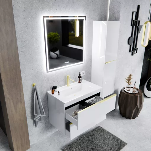 HD Cremona Lacquer White 80 fali mosdószekrény szálcsiszolt arany fogantyúkkal és fényes fehér slim mosdóval