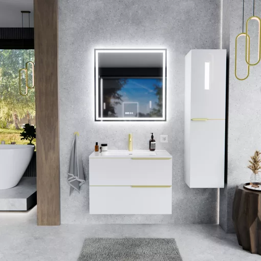 HD Cremona Lacquer White 80 fali mosdószekrény szálcsiszolt arany fogantyúkkal és fényes fehér slim mosdóval