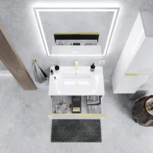 HD Cremona Lacquer White 80 fali mosdószekrény szálcsiszolt arany fogantyúkkal és fényes fehér slim mosdóval