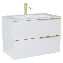 HD Cremona Lacquer White 80 komplett fürdőszoba bútor szett fali mosdószekrénnyel, szálcsiszolt arany fogantyúkkal, fényes fehér slim mosdóval, tükörrel és magasszekrénnyel