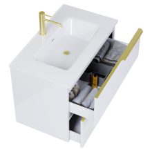 HD Cremona Lacquer White 80 komplett fürdőszoba bútor szett fali mosdószekrénnyel, szálcsiszolt arany fogantyúkkal, fényes fehér slim mosdóval, tükörrel és magasszekrénnyel