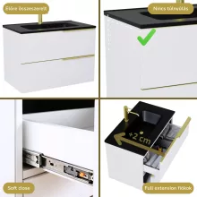 HD Cremona Lacquer White 80 komplett fürdőszoba bútor szett fali mosdószekrénnyel, szálcsiszolt arany fogantyúkkal, matt fekete slim mosdóval, tükörrel és magasszekrénnyel