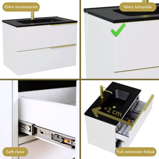 HD Cremona Lacquer White 80 komplett fürdőszoba bútor szett fali mosdószekrénnyel, szálcsiszolt arany fogantyúkkal, matt fekete slim mosdóval, tükörrel és magasszekrénnyel