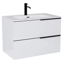 HD Cremona Lacquer White 80 fali mosdószekrény matt fekete fogantyúkkal és fényes fehér slim mosdóval