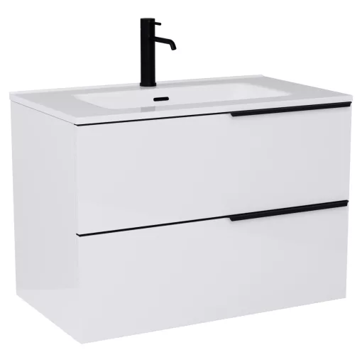 HD Cremona Lacquer White 80 fali mosdószekrény matt fekete fogantyúkkal és fényes fehér slim mosdóval